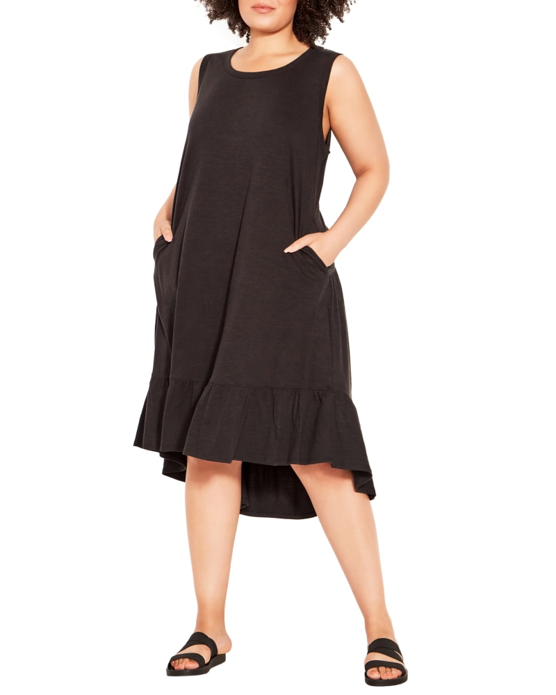 Front of a model wearing a size 14 Evie Ruffle Dress in Black by Zim & Zoe. | dia_product_style_image_id:215483